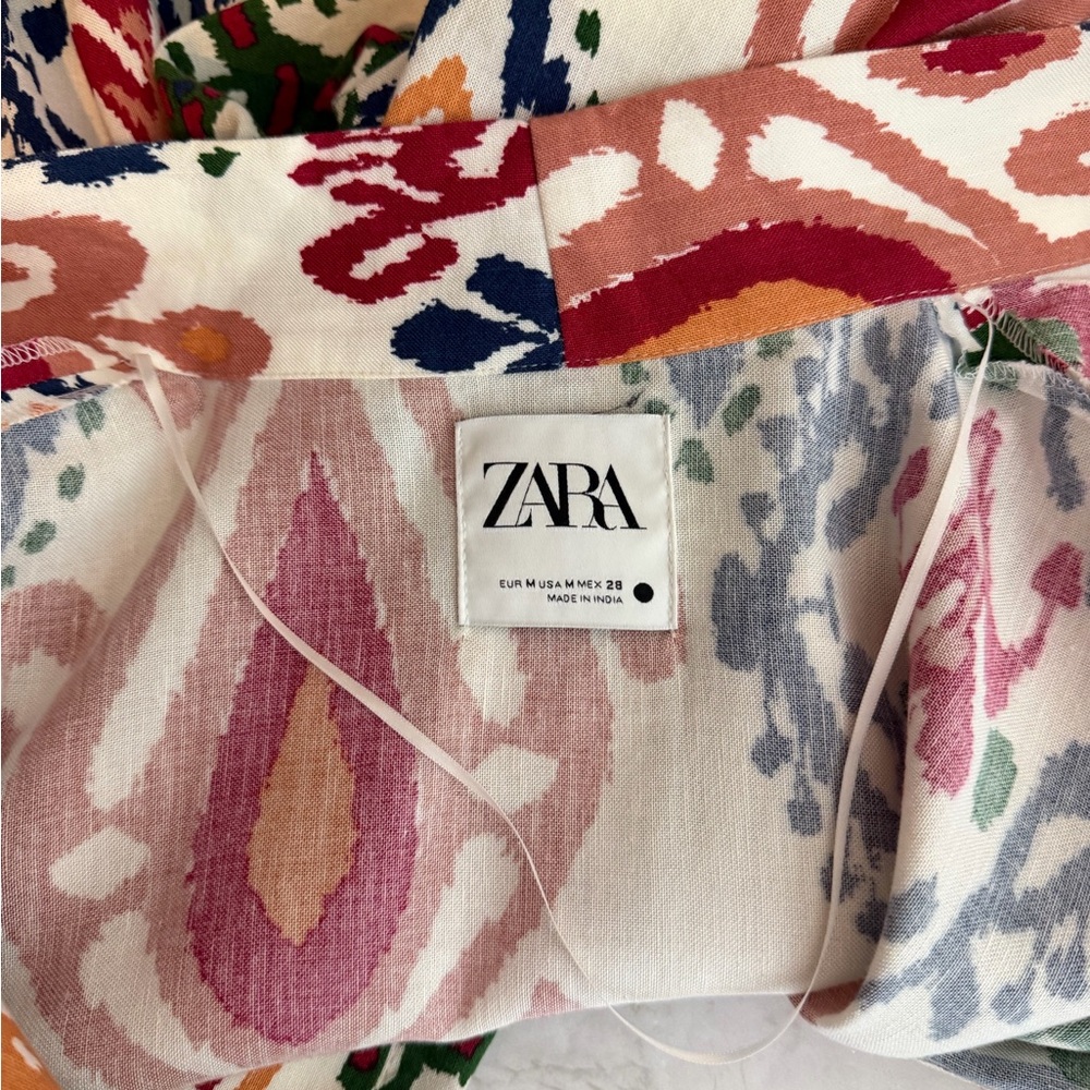 Zara The Hanoi Open Kimono Ikat Print Womens Size Medium Pockets Linen Blend EUC - Picture 6 of 9